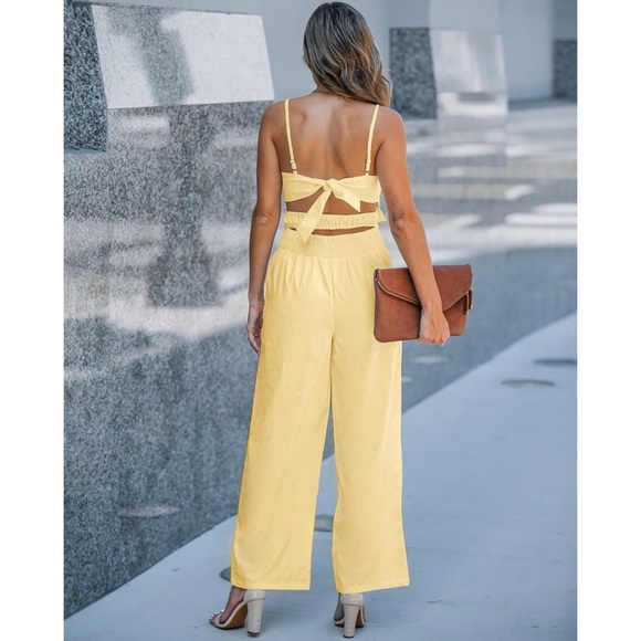 ChicMe Floral Hollow Out Yellow Jumpsuit, XL - Picture 2 of 3